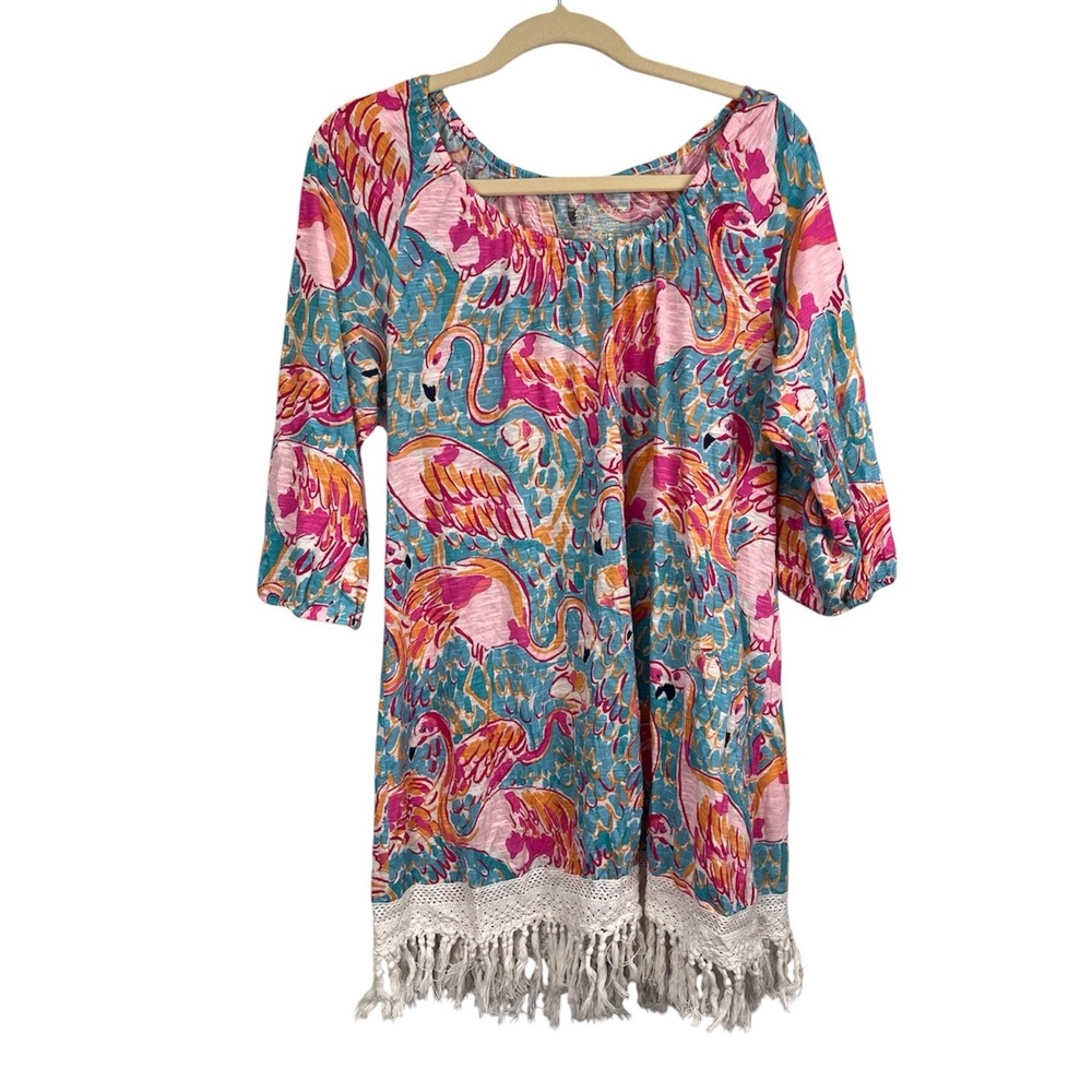 Lilly Pulitzer Alia Beach Cover Up Dress Med Flamingo Peel & East Fringe Pink